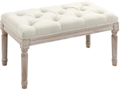 Beige Vintage Seat: 15.75" Tufted Ottoman with Distressed Wood Legs