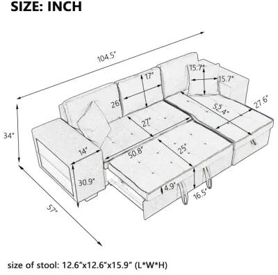 3-Seat Sleeper Sofa Sectional with Storage Chaise & Stools