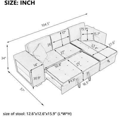 3-Seat Sleeper Sofa Sectional with Storage Chaise & Stools