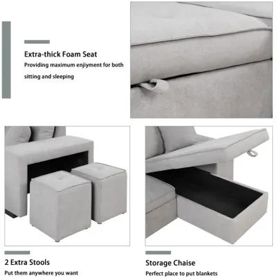 3-Seat Sleeper Sofa Sectional with Storage Chaise & Stools