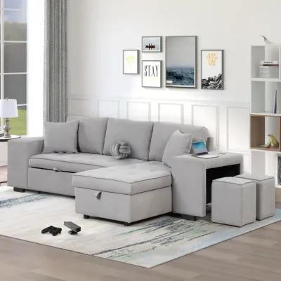 3-Seat Sleeper Sofa Sectional with Storage Chaise & Stools