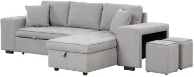 3-Seat Sleeper Sofa Sectional with Storage Chaise & Stools