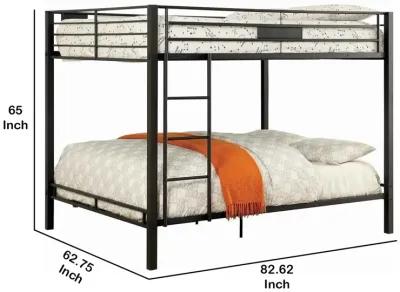 Horizontal Slatted Metal Queen Over Queen Bunk Bed with Ladder, Black-Benzara