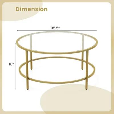 Hivvago 35.5 Inch Round Coffee Table with Tempered Glass Tabletop