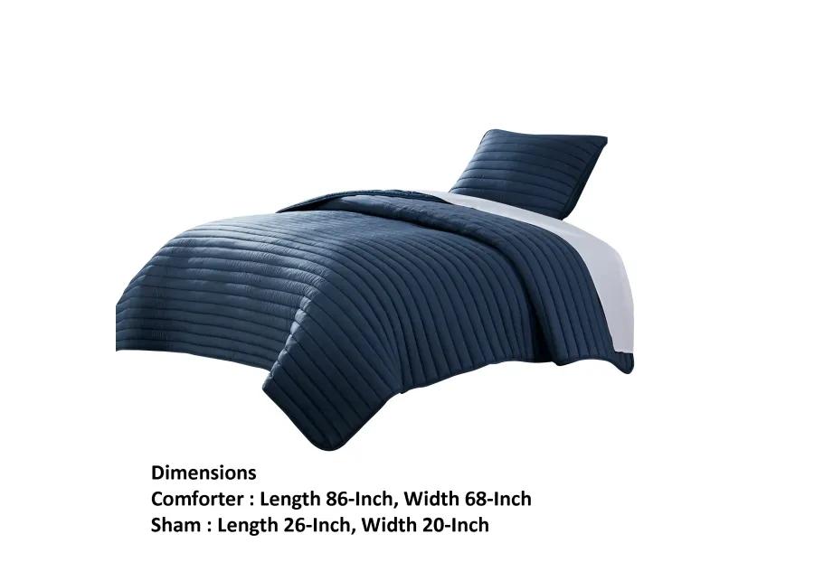 Cabe 2 Piece Twin Comforter Set, Polyester Puffer Channel Quilted Navy Blue - Benzara