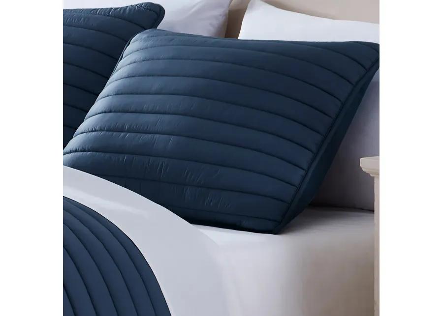 Cabe 2 Piece Twin Comforter Set, Polyester Puffer Channel Quilted Navy Blue - Benzara