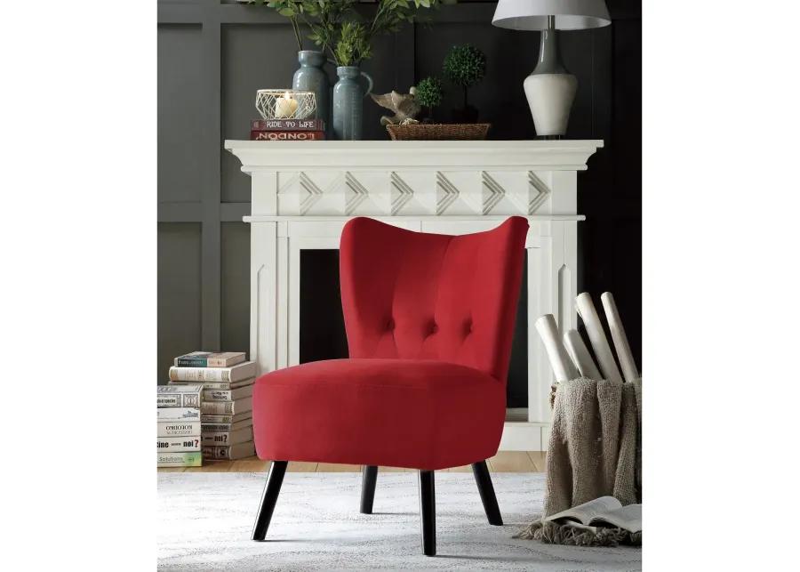 Unique Style Red Velvet Covering Accent Chair Button-Tufted Back Brown Finish Wood Legs Modern