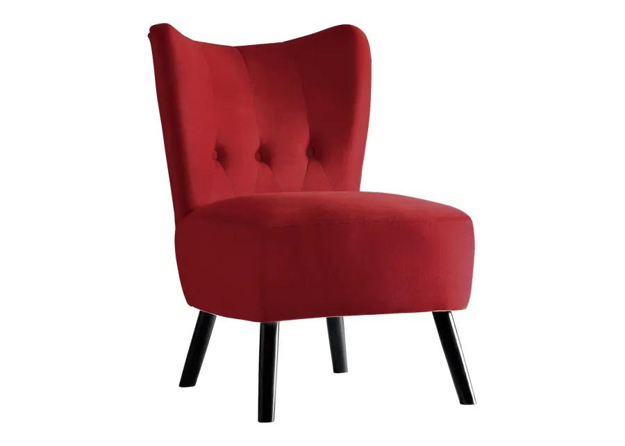 Unique Style Red Velvet Covering Accent Chair Button-Tufted Back Brown Finish Wood Legs Modern