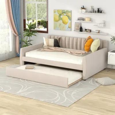 Upholstered Daybed with Trundle and Wood Slat Support