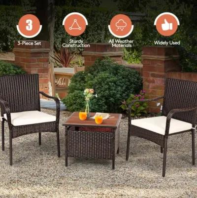 Hivvago 3 Pieces Patio Rattan Furniture Bistro Set with Wood Side Table and Stackable Chair