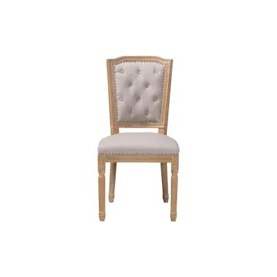 Cottage Weathered Oak Beige Fabric Button-tufted Upholstered Dining Chair