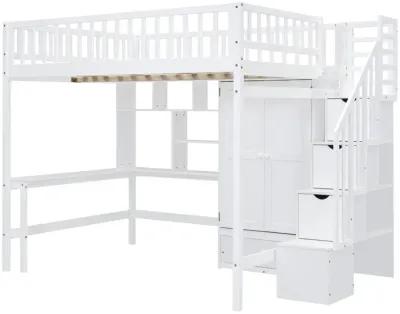 Full Size Loft Bed With Bookshelf, Drawers, Desk, And Wardrobe White