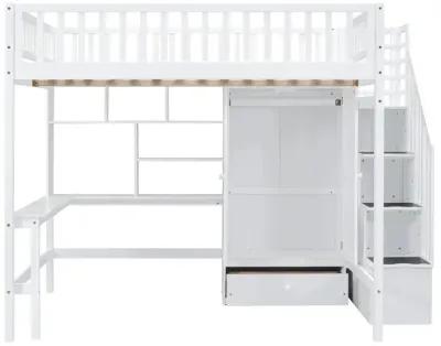 Full Size Loft Bed With Bookshelf, Drawers, Desk, And Wardrobe White