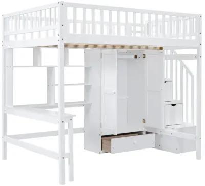 Full Size Loft Bed With Bookshelf, Drawers, Desk, And Wardrobe White