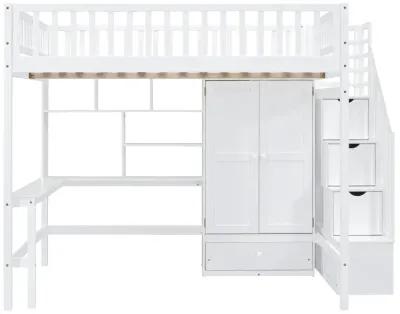 Full Size Loft Bed With Bookshelf, Drawers, Desk, And Wardrobe White