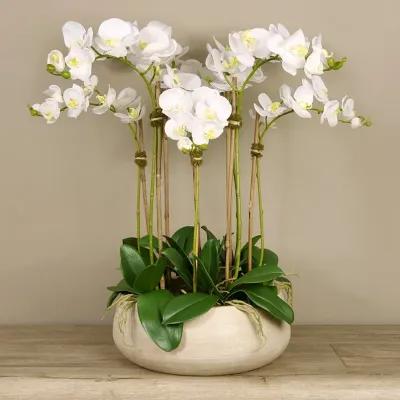 Artificial White Orchid Centerpiece Arrangement In Beige Planter - 28"