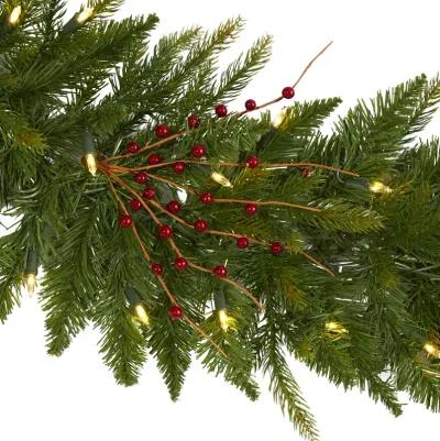 HomPlanti 6' Christmas Pine Artificial Garland with 50 Warm White LED Lights and Berries