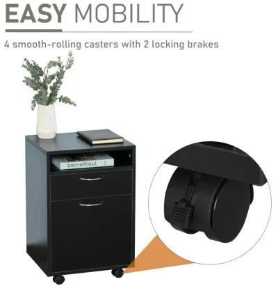 Black Mobile Organizer: Printer Stand with Drawer and Castors for Office