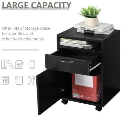 Black Mobile Organizer: Printer Stand with Drawer and Castors for Office