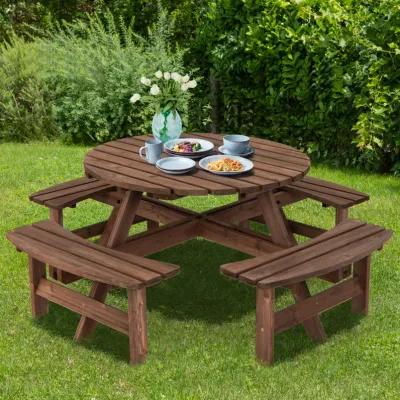 Patio 8 Seat Wood Picnic Dining Seat Bench Set