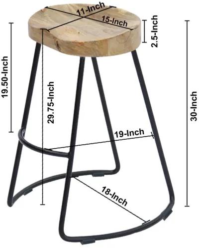 30 Inch Mango Wood Industrial Barstool, Saddle Seat, Iron Frame, Set Of 2, Brown, Black