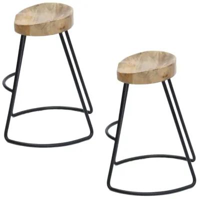 30 Inch Mango Wood Industrial Barstool, Saddle Seat, Iron Frame, Set Of 2, Brown, Black