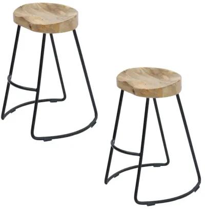 30 Inch Mango Wood Industrial Barstool, Saddle Seat, Iron Frame, Set Of 2, Brown, Black