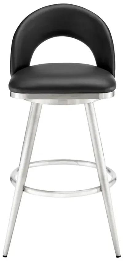 Visy 26 Inch Swivel Counter Stool Chair, Round Back, Black Faux Leather - Benzara