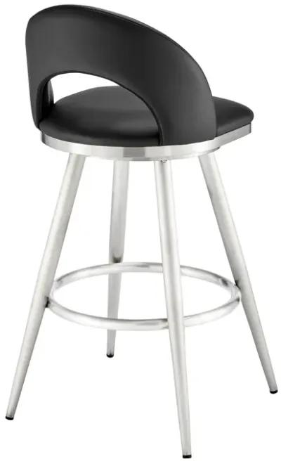 Visy 26 Inch Swivel Counter Stool Chair, Round Back, Black Faux Leather - Benzara