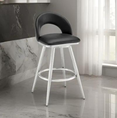 Visy 26 Inch Swivel Counter Stool Chair, Round Back, Black Faux Leather - Benzara