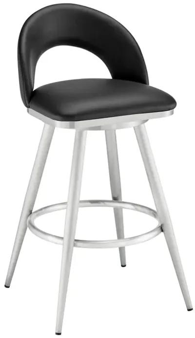 Visy 26 Inch Swivel Counter Stool Chair, Round Back, Black Faux Leather - Benzara