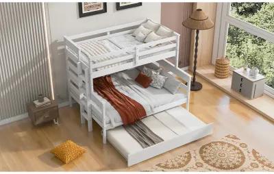 Wood Twin Over Full Bunk Bed With Twin Size Trundle, White