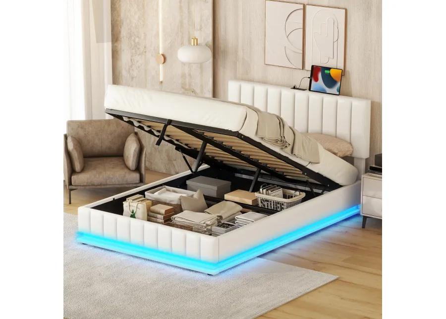 Merax Upholstered LED Light Platform Bed with Hydraulic Storage