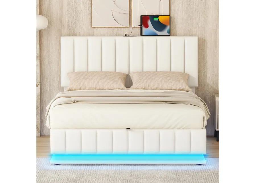 Merax Upholstered LED Light Platform Bed with Hydraulic Storage