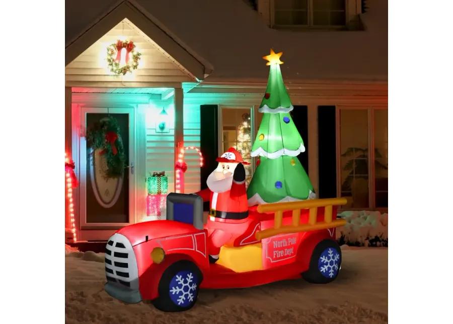 7.5ft Christmas Holiday Yard Inflatable Blow Up Santa Fire Truck w/ Tree & LED