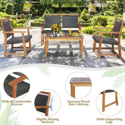 4 Pieces Outdoor Patio Rattan Furniture Conversation Sets  with Acacia Wood Frame