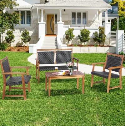 4 Pieces Outdoor Patio Rattan Furniture Conversation Sets  with Acacia Wood Frame