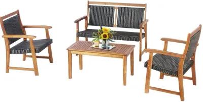 4 Pieces Outdoor Patio Rattan Furniture Conversation Sets  with Acacia Wood Frame