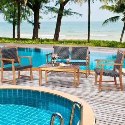 4 Pieces Outdoor Patio Rattan Furniture Conversation Sets  with Acacia Wood Frame