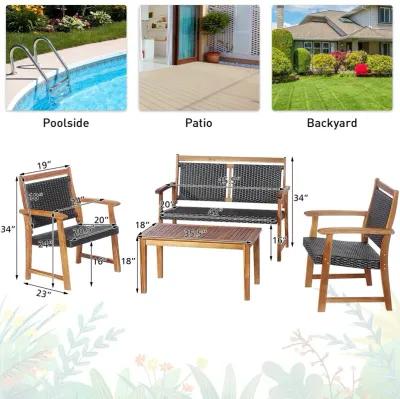 4 Pieces Outdoor Patio Rattan Furniture Conversation Sets  with Acacia Wood Frame