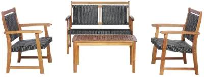 4 Pieces Outdoor Patio Rattan Furniture Conversation Sets  with Acacia Wood Frame