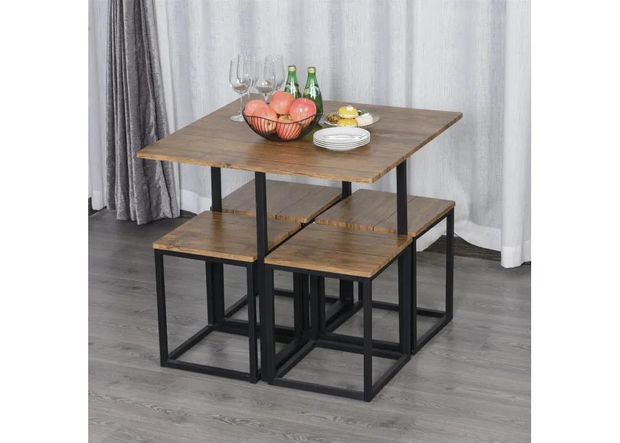 Farmhouse 5 Piece Square Walnut Wood Steel Kitchen Dining Set