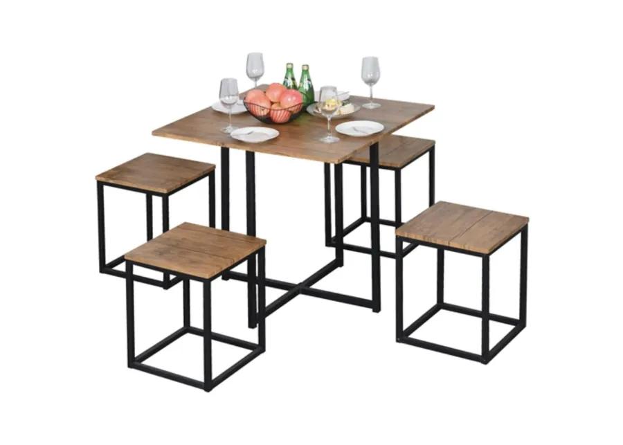 Farmhouse 5 Piece Square Walnut Wood Steel Kitchen Dining Set