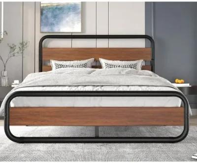 Hivvago King size Heavy Duty Industrial Modern Metal Wood Platform Bed Frame with Headboard