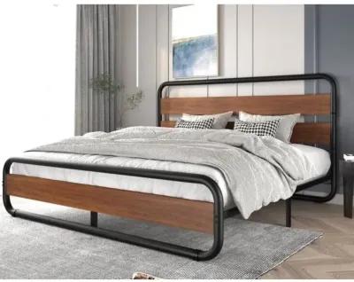 Hivvago King size Heavy Duty Industrial Modern Metal Wood Platform Bed Frame with Headboard