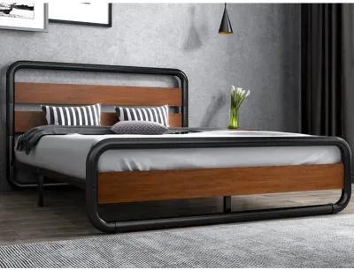 Hivvago King size Heavy Duty Industrial Modern Metal Wood Platform Bed Frame with Headboard