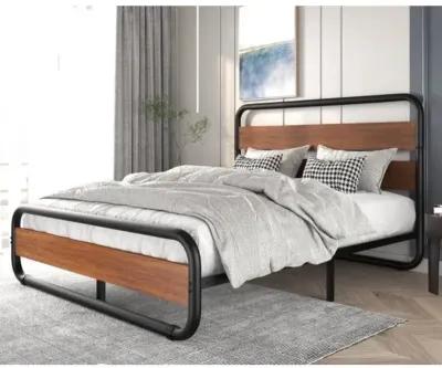 Hivvago King size Heavy Duty Industrial Modern Metal Wood Platform Bed Frame with Headboard