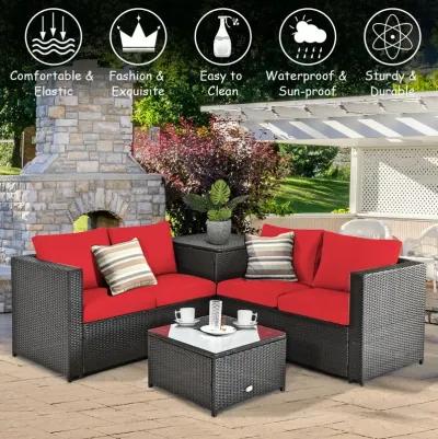 4 Pieces Outdoor Patio Rattan Furniture Set with Cushioned Loveseat and Storage Box