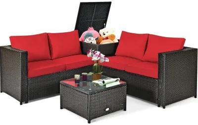 4 Pieces Outdoor Patio Rattan Furniture Set with Cushioned Loveseat and Storage Box