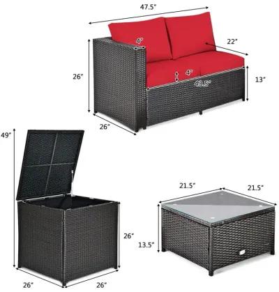 4 Pieces Outdoor Patio Rattan Furniture Set with Cushioned Loveseat and Storage Box